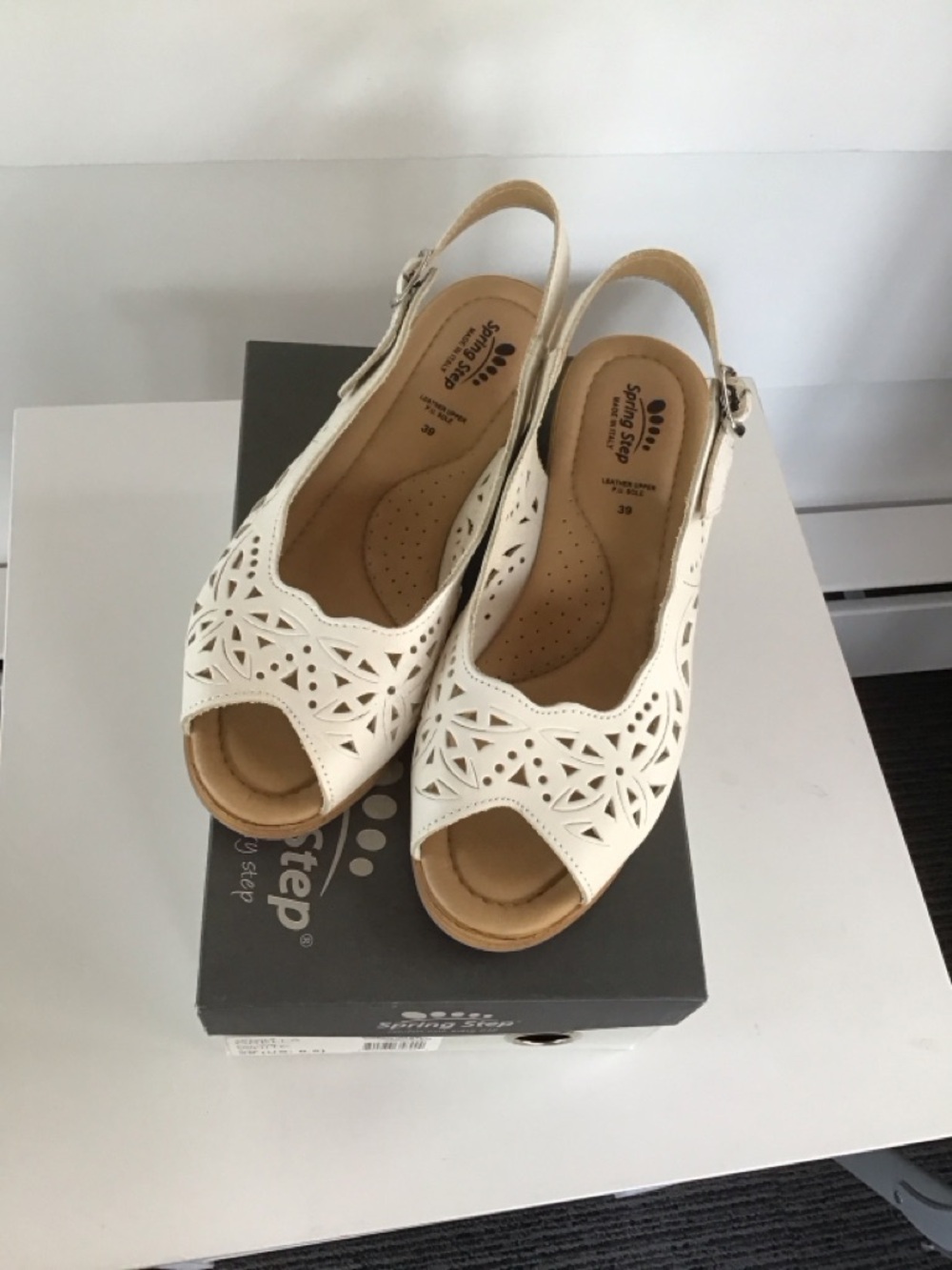 Spring Step Ivory Laser-Cut Peep-Toe Slingback Sandals